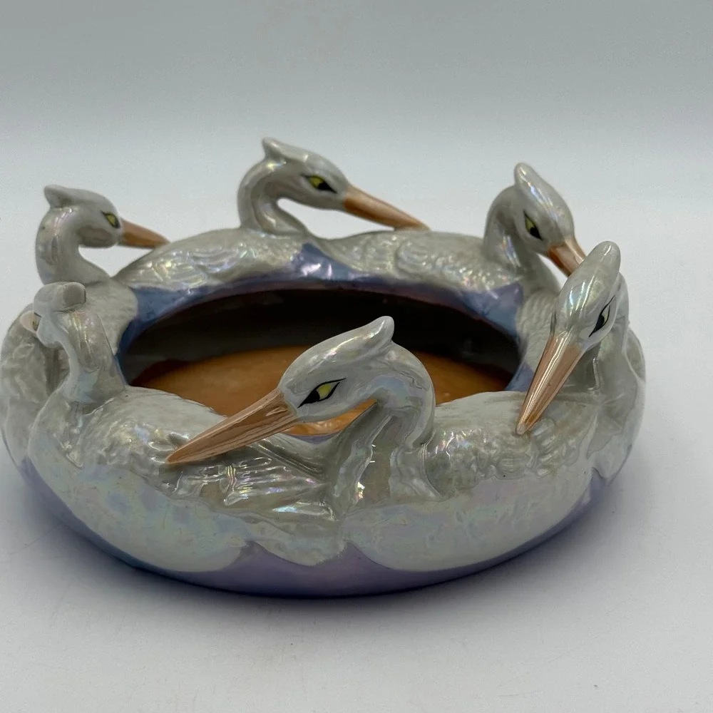 Vintage Japanese Lusterware Pelican Heron Bird Bowl Iridescent Ceramic 6.5